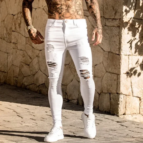 2024 Pencil Pants Elastic Sweatpants Men Fit Solid Ripped Denim Harem Pants Casual Black Blue White Destroyed Jeans Pants - Image 6