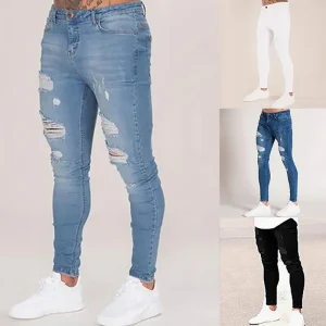 2024 Pencil Pants Elastic Sweatpants Men Fit Solid Ripped Denim Harem Pants Casual Black Blue White Destroyed Jeans Pants