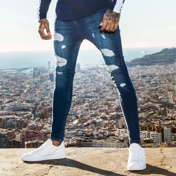 2024 Pencil Pants Elastic Sweatpants Men Fit Solid Ripped Denim Harem Pants Casual Black Blue White Destroyed Jeans Pants - Image 5