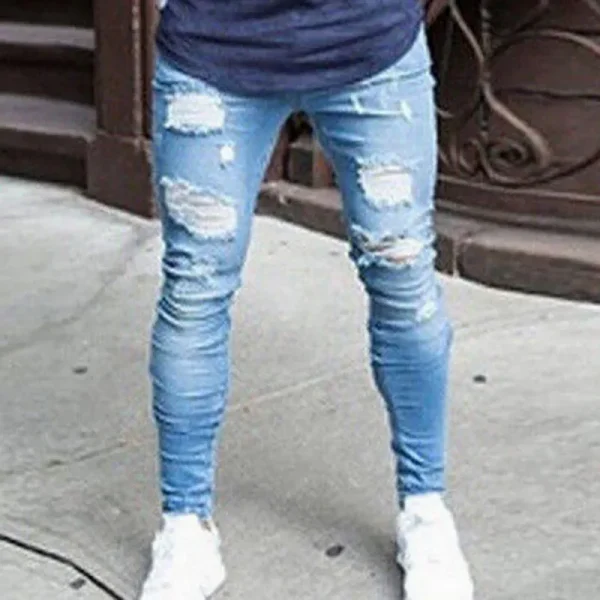 2024 Pencil Pants Elastic Sweatpants Men Fit Solid Ripped Denim Harem Pants Casual Black Blue White Destroyed Jeans Pants - Image 3