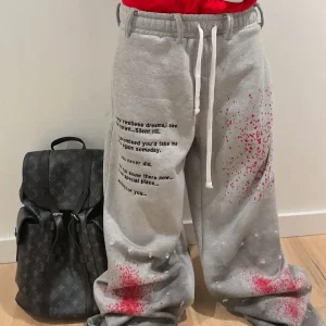 American Gothic Old Inkjet Painted Letter Printing Double Layer Sports Casual Pants Men's Loose Hip-hop Rap Street Trendy Pants