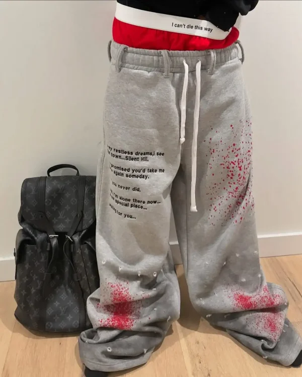 American Gothic Old Inkjet Painted Letter Printing Double Layer Sports Casual Pants Men's Loose Hip-hop Rap Street Trendy Pants