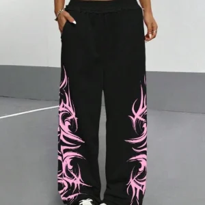 Black Pink Contrast Y2K Track Pants Women Street Fashion American Jogging Pants Hip Hop Totem Graffiti Unisex Baggy Slacks