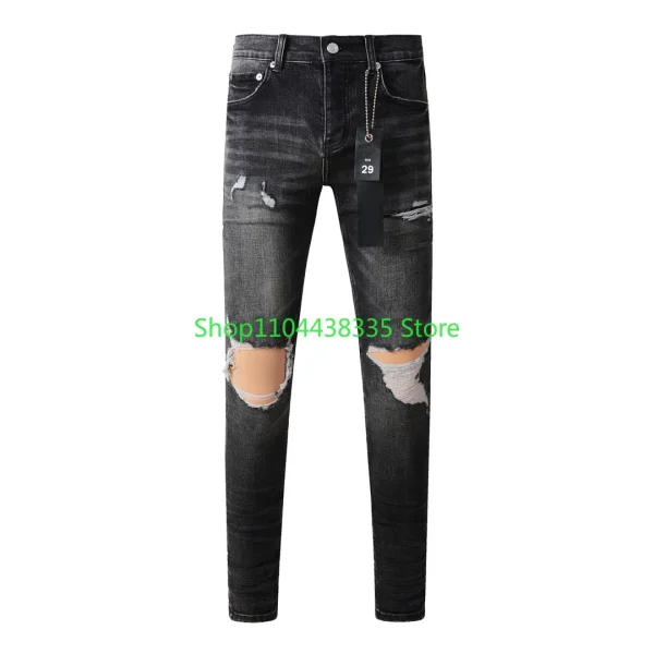 Americans Retro High Street Men's Jeans New Trendy Low Rise Skinny Denim Pants Pleated Ripped Hold Trousers - Image 2