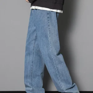 2025 New Korean Men's Casual Long Jeans Classic Man Straight Denim Wide-leg Pants Solid Color Light Blue Grey Black