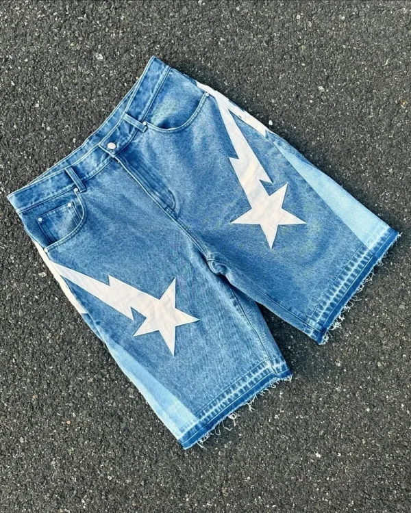 American fashion trend Street style wide-leg Jeans for men Y2k embroidered baggy jeans Goth punk High street casual shorts - Image 4