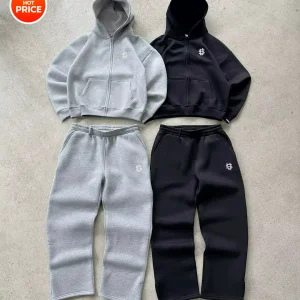 Y2K Fashion Jogger Sweatpants Loose Embroidery Labeled Open Leg Wide Leg Pants Trendy Pocket Couple Straight Pants Men's Hoodie