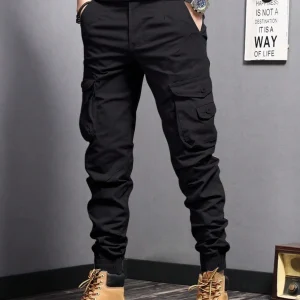 Casual Side Flap Pockets Workwear Tapered Pants, Men's Cargo Pants For Spring Fall Outdoor